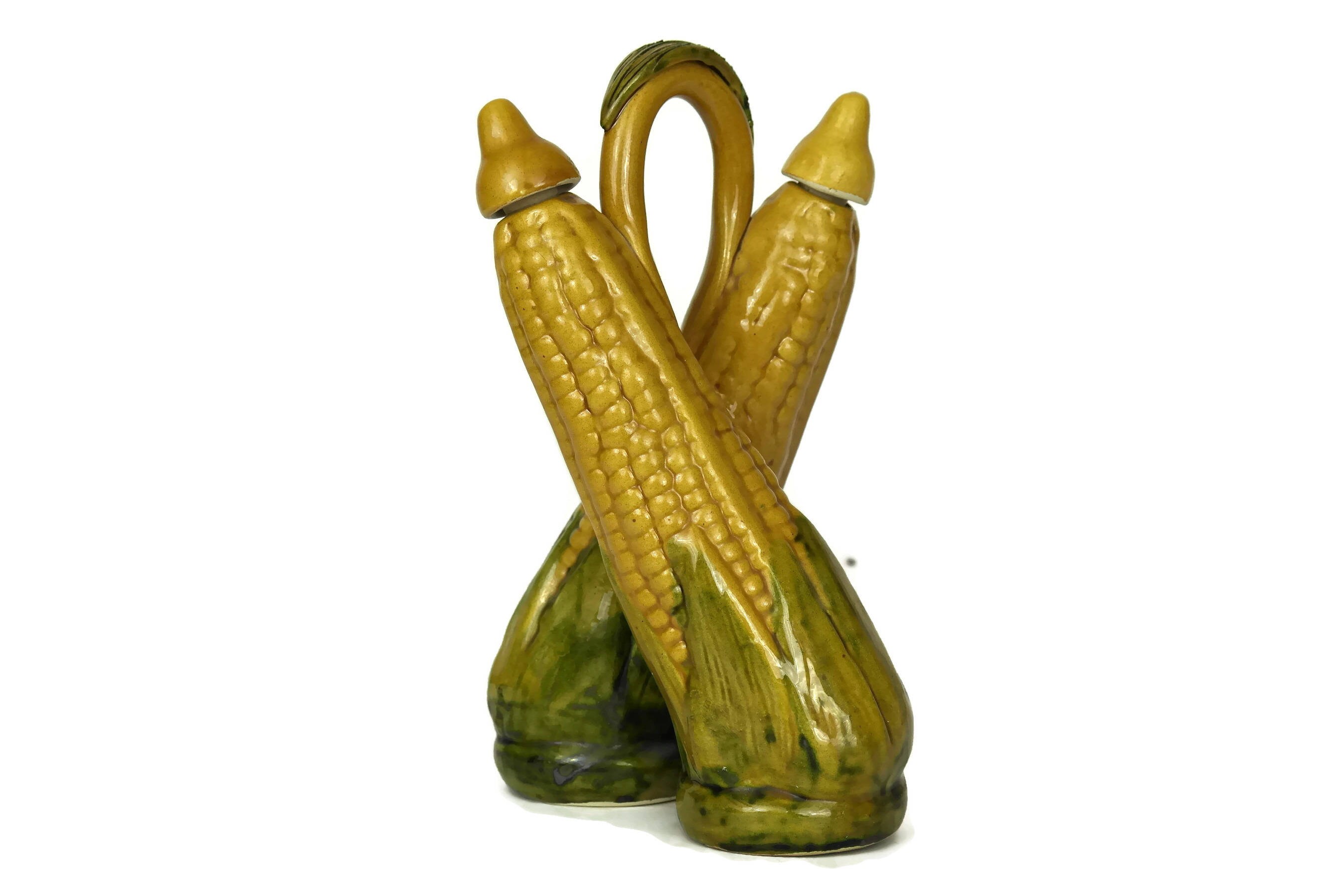Majolica Corn Cob Oil and Vinegar Set. French Vallauris Olive Oil and