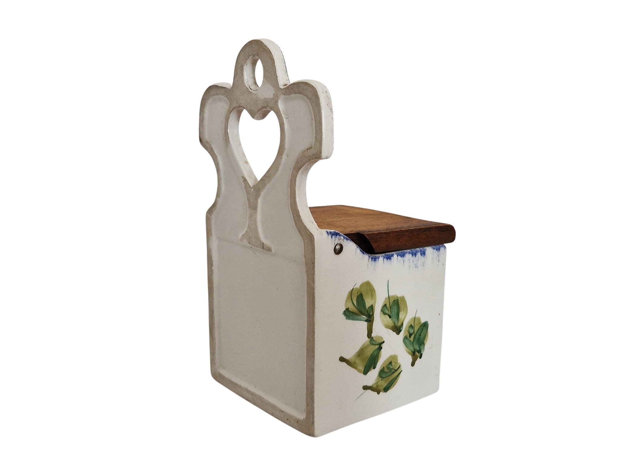 French Ceramic Sugar Canister with Hand Painted Flowers and Wooden Lid