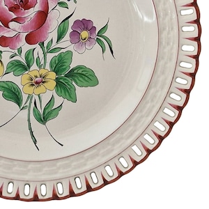 Hand Painted French Faience Plate with Roses and Lattice Cutwork Border, Country Kitchen Wall Hanging Decor image 6