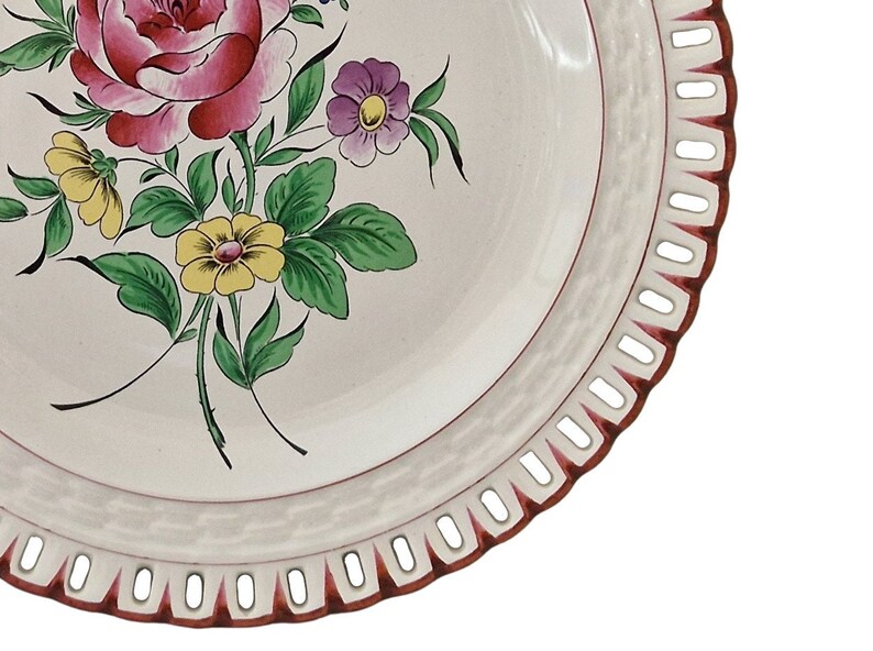 Hand Painted French Faience Plate with Roses and Lattice Cutwork Border, Country Kitchen Wall Hanging Decor image 6