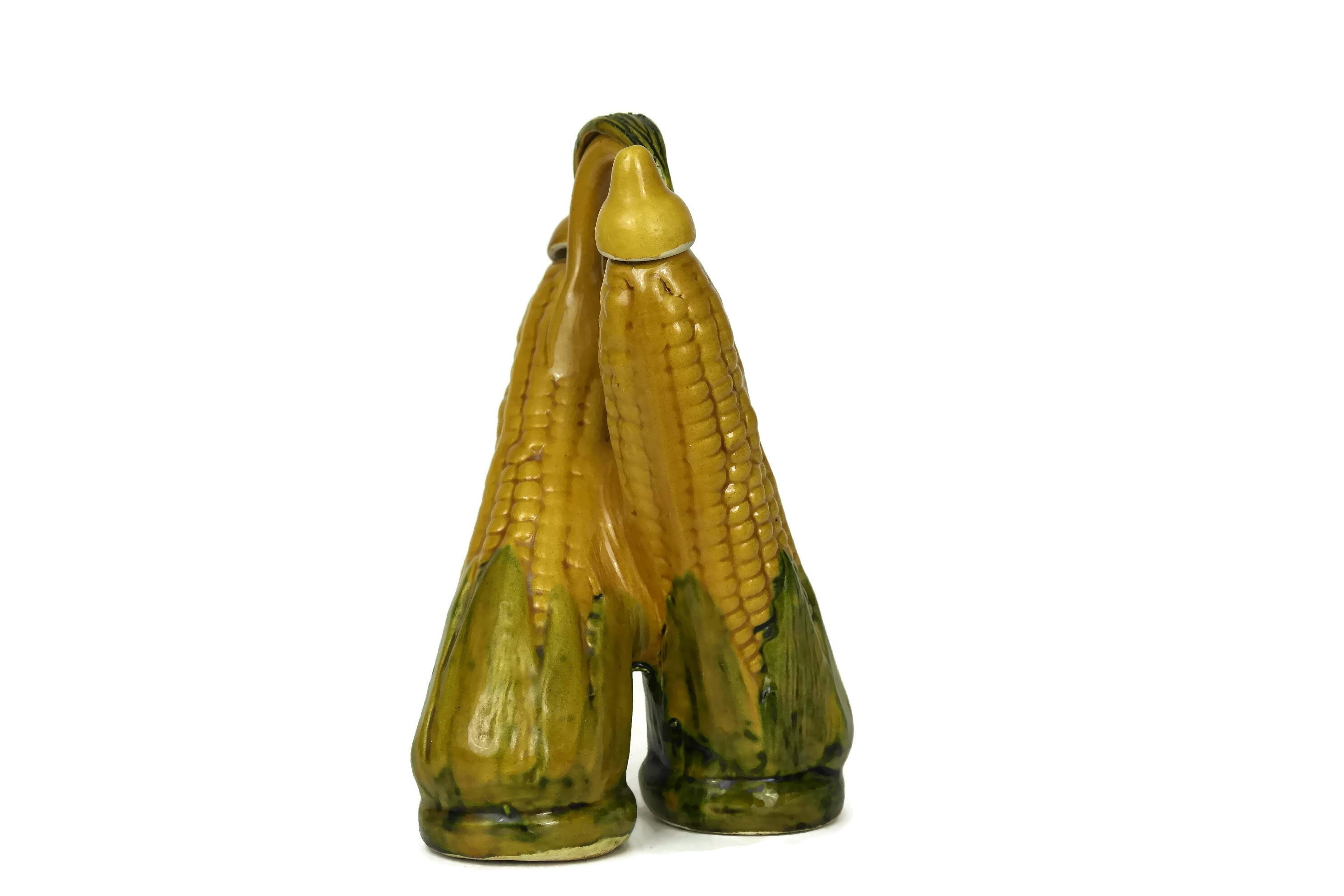 Majolica Corn Cob Oil and Vinegar Set. French Vallauris Olive Oil and