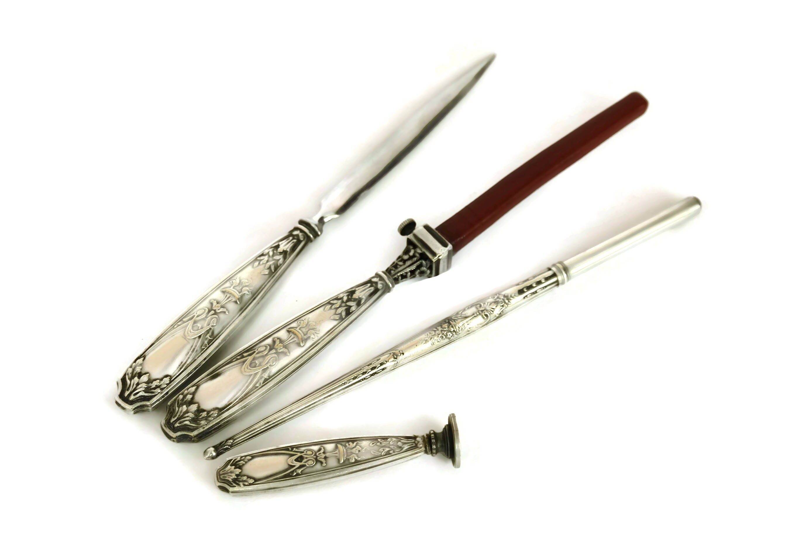 French Antique Silver Writing Set with Wax Seal Stamp, Letter Opener