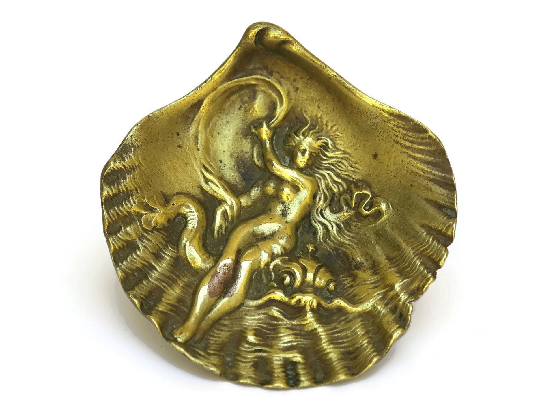 Vintage Brass Clam Shell with Naked Lady Coin Dish. Venus in Seashell.