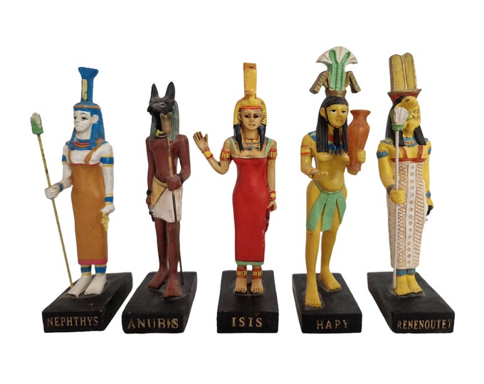 Vintage Egyptian God Figurines, Set of 5 with Nephtys, Anubis, Isis, Hapy, Renenoutet, Ancient Egypt Mythology Hachette Collection