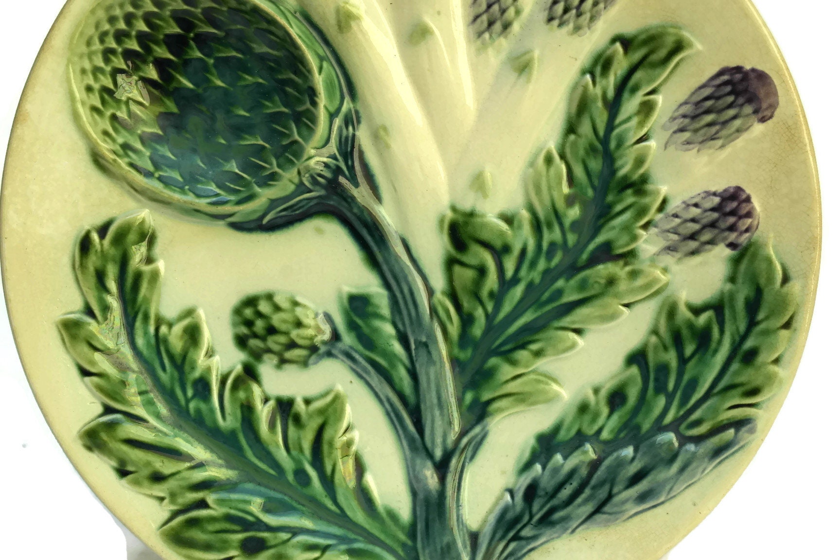 Artichoke and Asparagus Plate by Luneville. French Antique Majolica