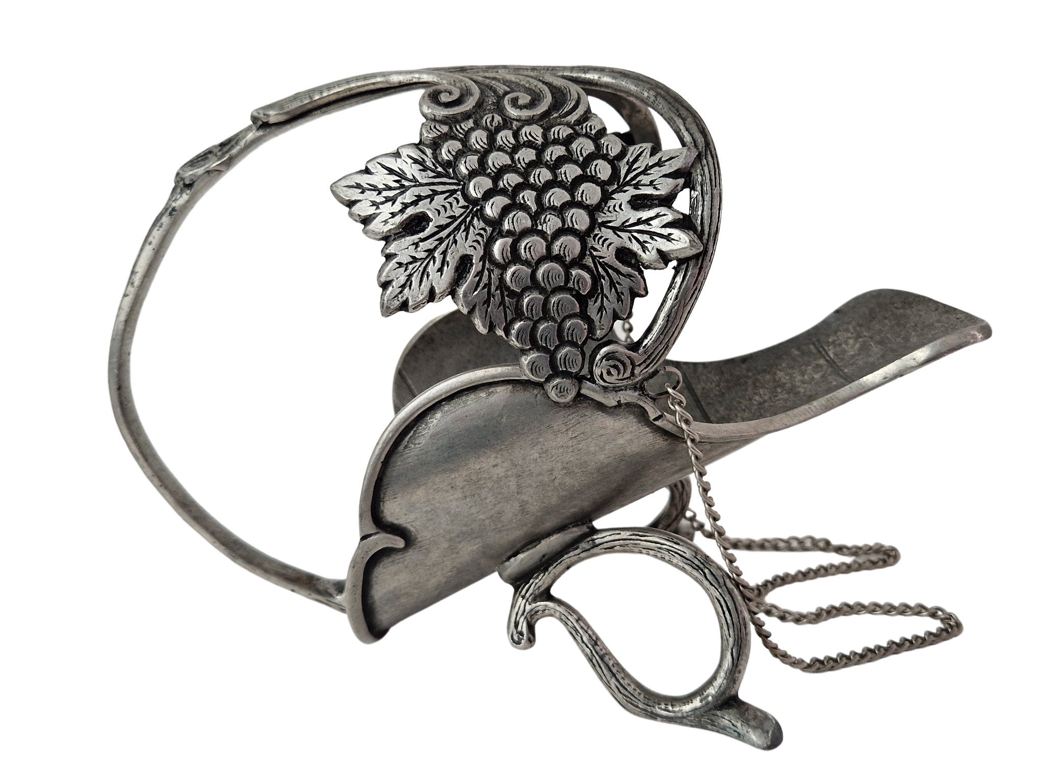 French Wine Pourer Cradle with Grapes and Vine Leaves, Pewter Bottle