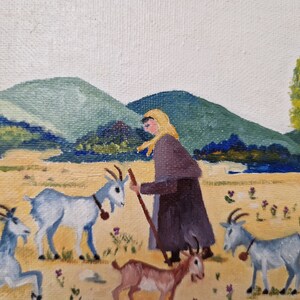 Female Goatherd with Flock of Goats in French Country Landscape Painting, Framed Rustic Farmhouse Art and Wall Decor image 2