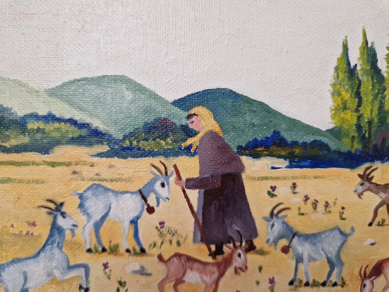 Female Goatherd with Flock of Goats in French Country Landscape Painting, Framed Rustic Farmhouse Art and Wall Decor image 2