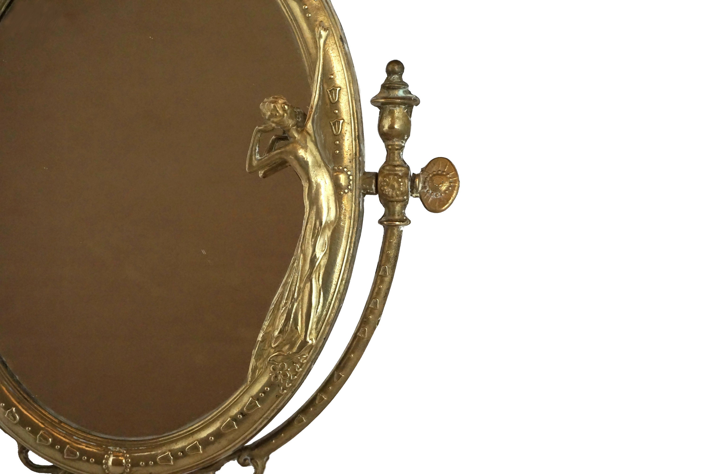 Brass Standing Vanity Mirror with Woman Figurine, Adjustable Art