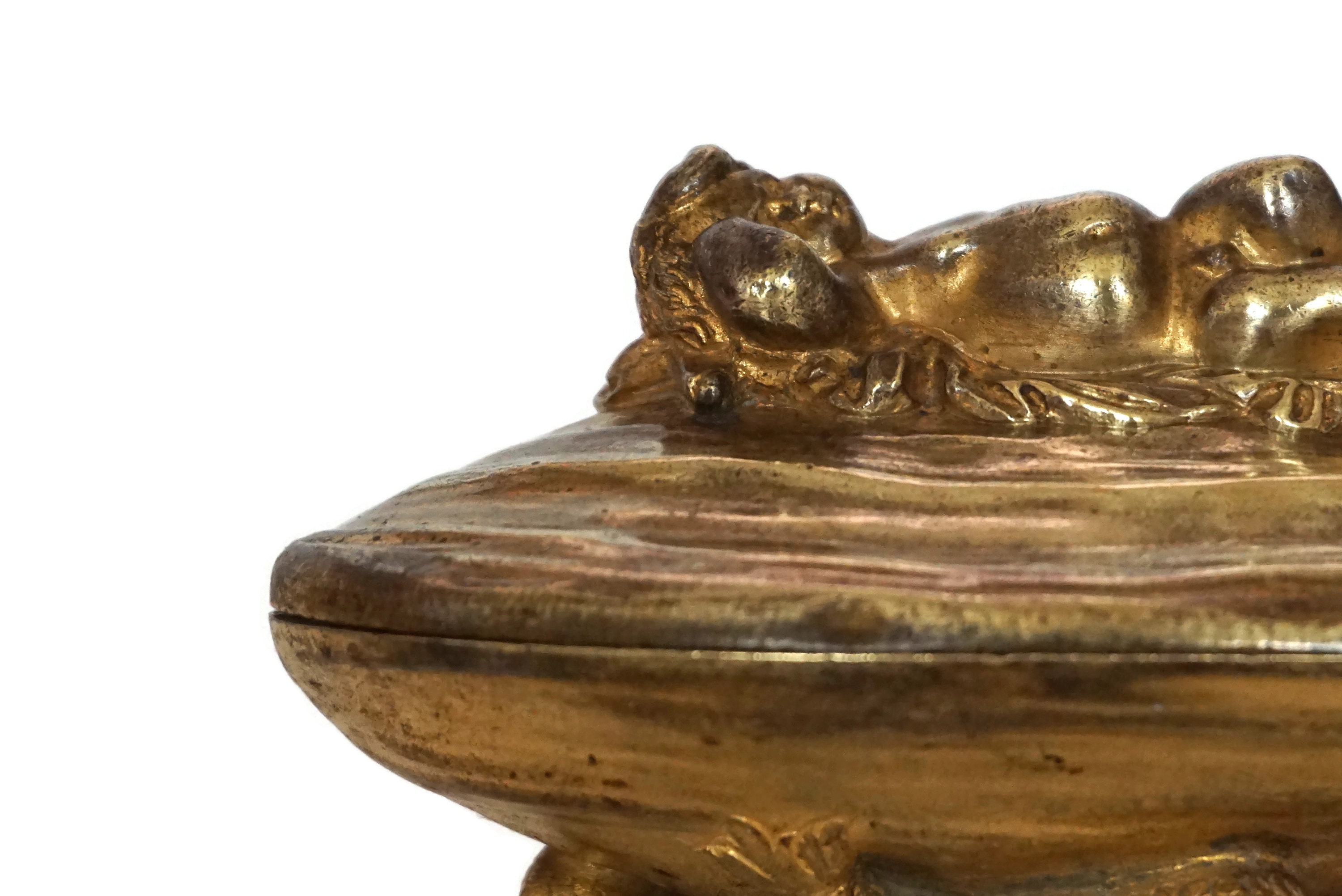 Antique Bronze Jewelry Box with Putti Figurine, Oyster Shell and Fish