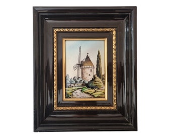 Hand Painted Limoges Enamel Painting with Daudet Windmill by Francoise, Framed Provence Landscape