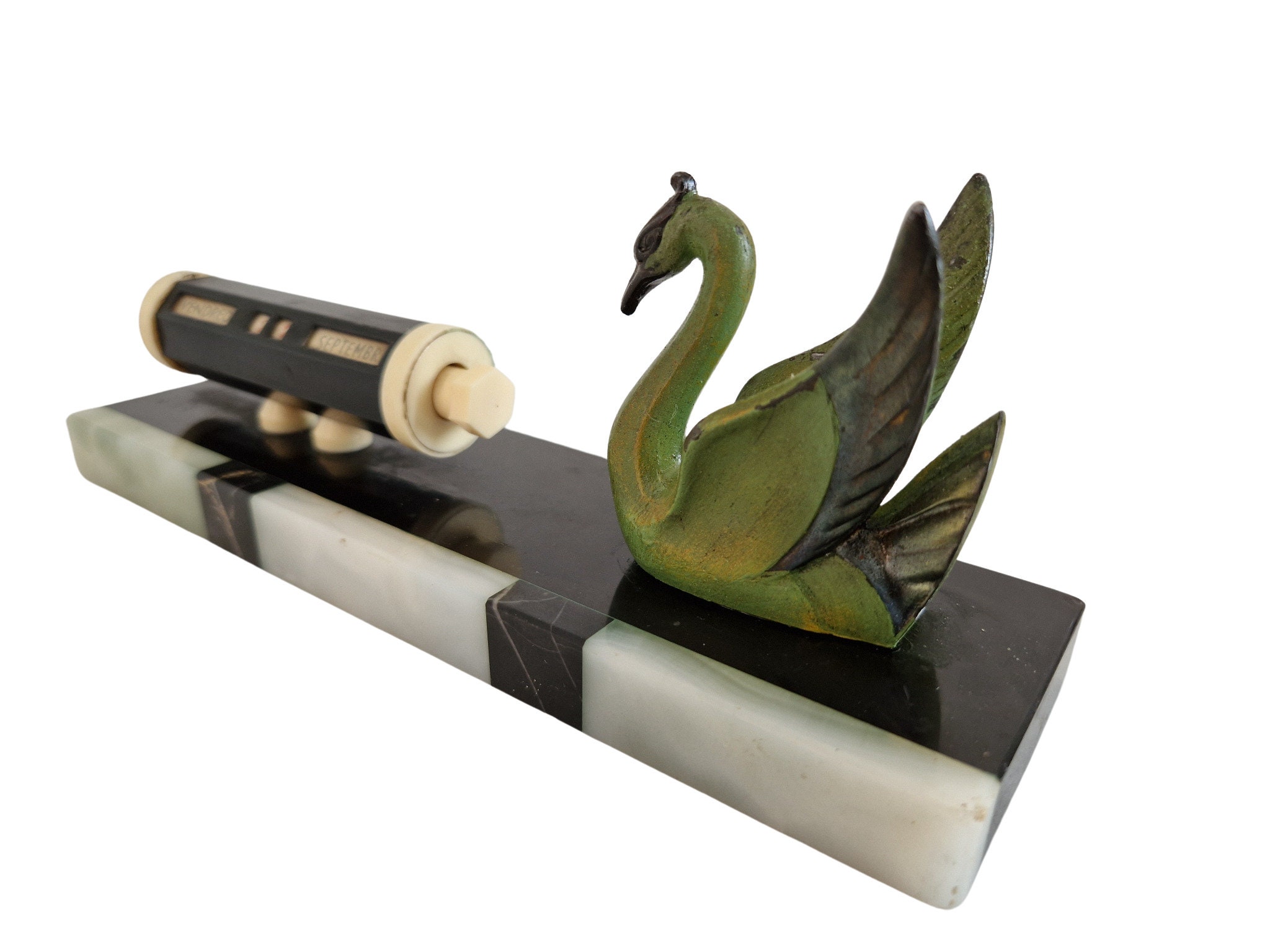 French Art Deco Perpetual Desk Calendar with Swan Figurine on Marble