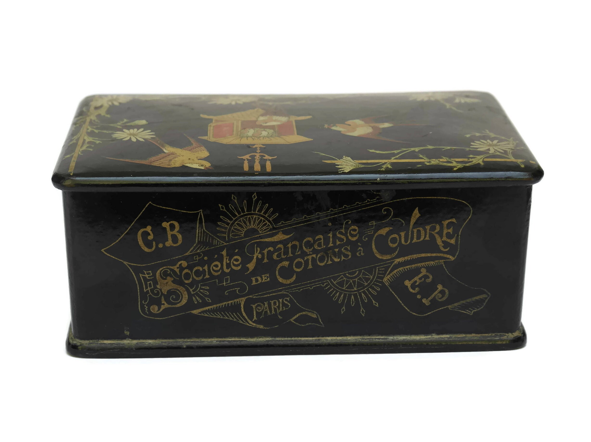 Antique Sewing Thread Box. Black Lacquered Box with French Advertising.
