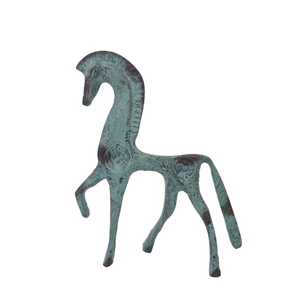 statuette de cheval en laiton vintage, figurine d’art d’étalon de style étrusque, décor équestre vert-de-gris