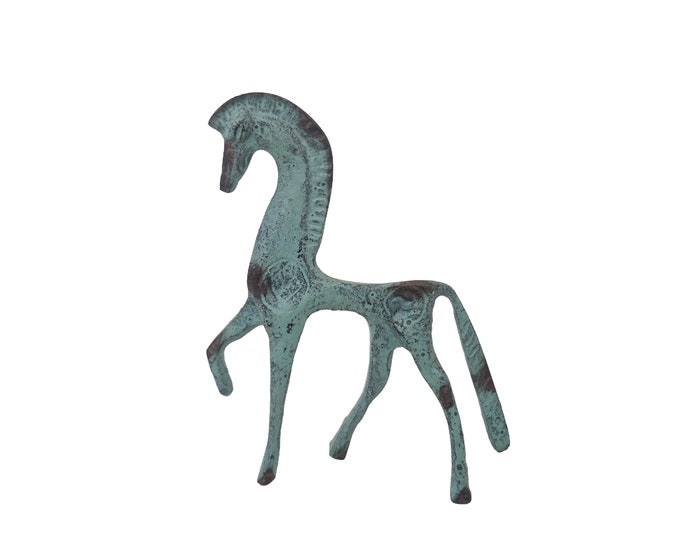 Vintage Brass Horse Statuette, Etruscan Style Stallion Art Figurine, Verdigris Equestrian Decor