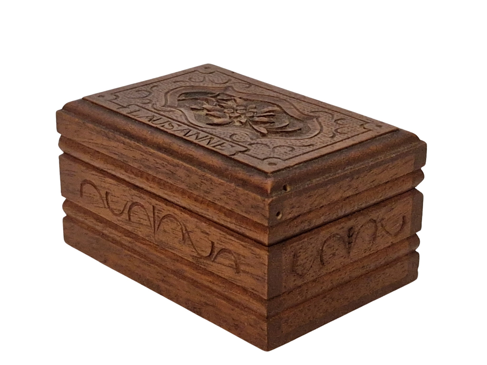 Swiss Black Forest Carved Wood Stamp Box with Edelweiss Flower