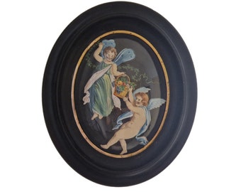 Antique Fairy and Cherub Painting in Oval Frame with Domed Glass, 19th Century French Wall Art