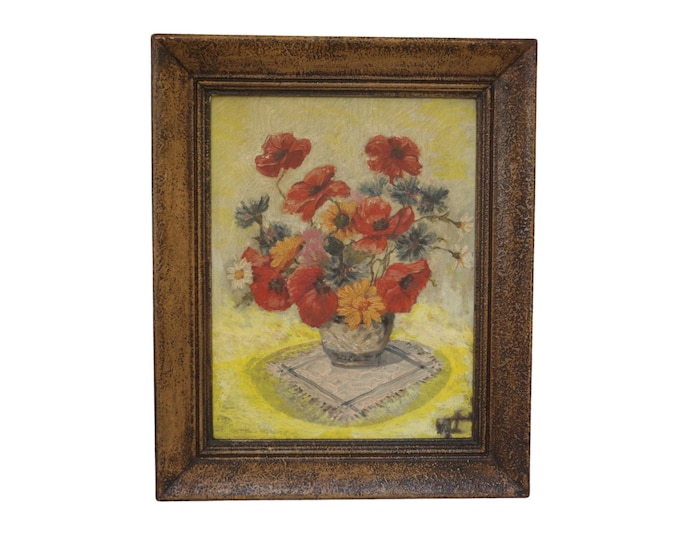Poppy Flower Still Life Painting, Vintage French Summer Floral Bouquet, Framed and Signed Art