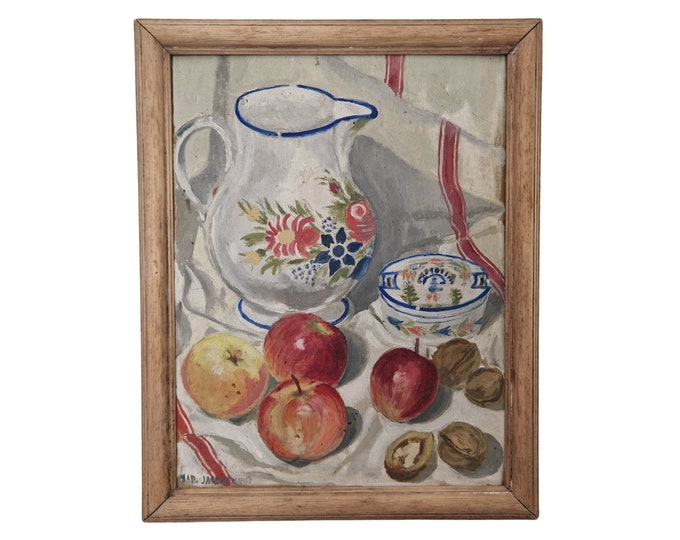 1950s French Kitchen Still Life Painting with Quimper Pottery Pitcher, Apples, Nuts & Tea Towel by Madelaine Jacquement, Country Home Art