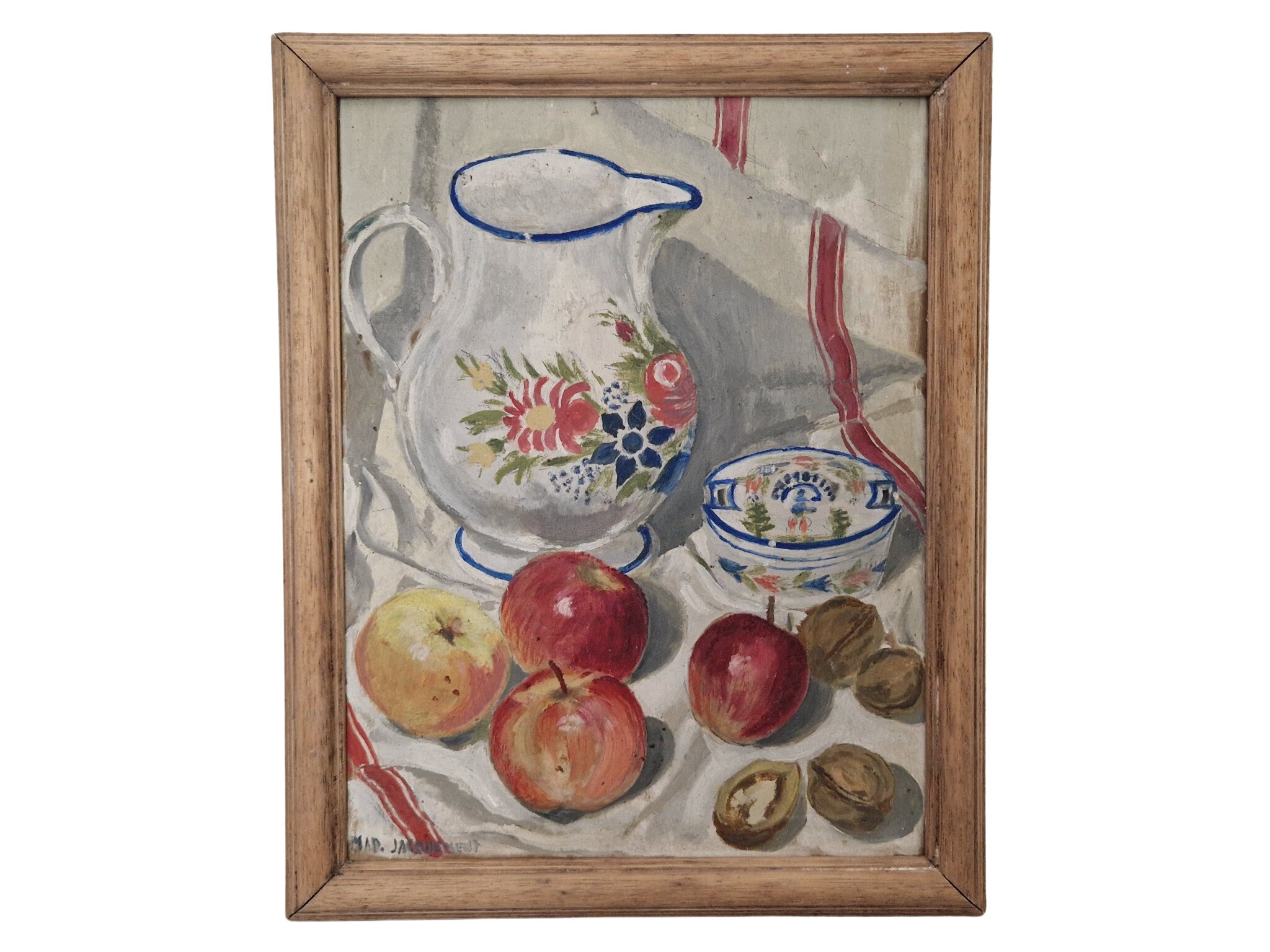 1950s French Kitchen Still Life Painting with Quimper Pottery Pitcher