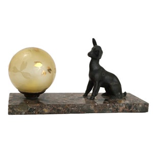 Art Deco Table Lamp with Lamb Figurine on Marble Base with Glass Globe