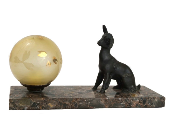 Art Deco Table Lamp with Lamb Figurine on Marble Base with Glass Globe