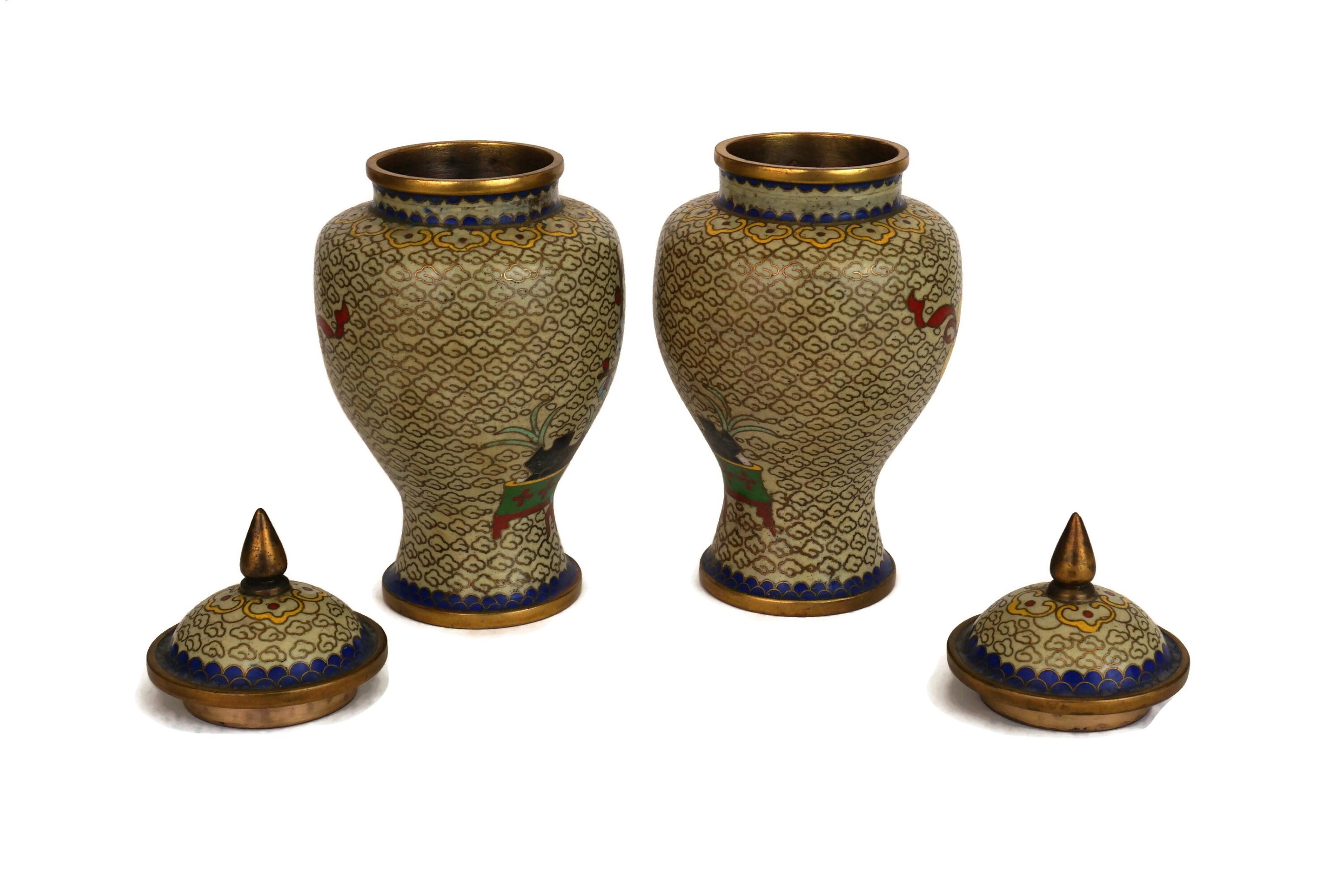 RESERVED for Maysra. Vintage Chinese Cloisonne Urn Pair, Cherry