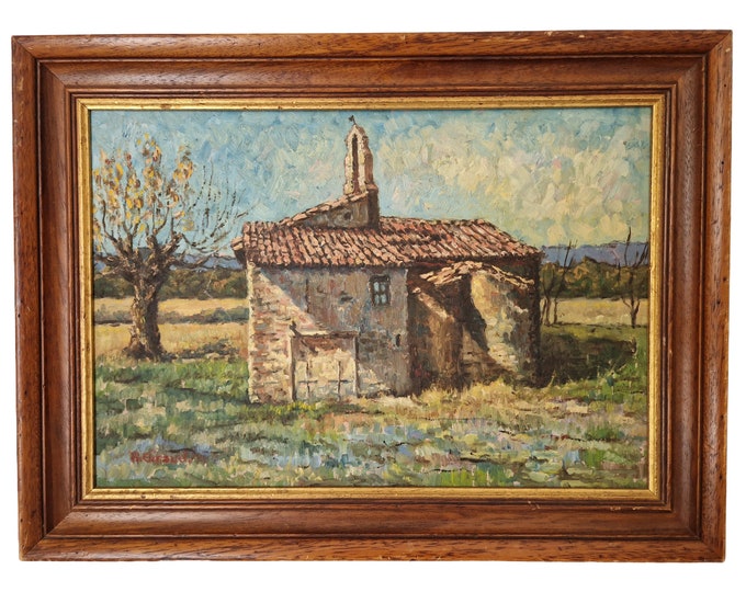 Impressionist Provence Chapel Painting in Country Landscape, Framed French Original Signed Wall Art