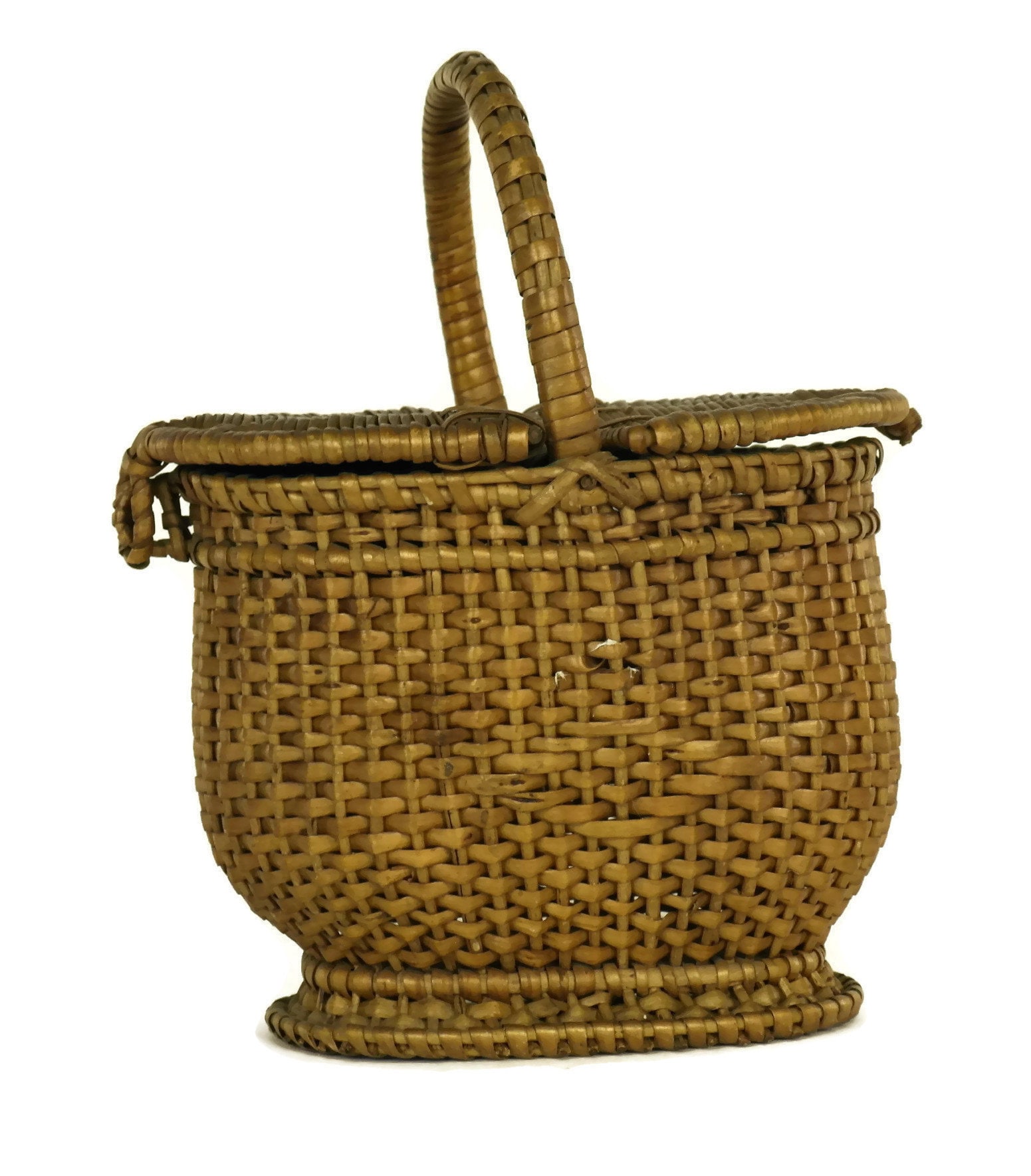RESERVED for Elaine. French Antique Miniature Basket. Hand Woven Wicker Doll Basket with Lid