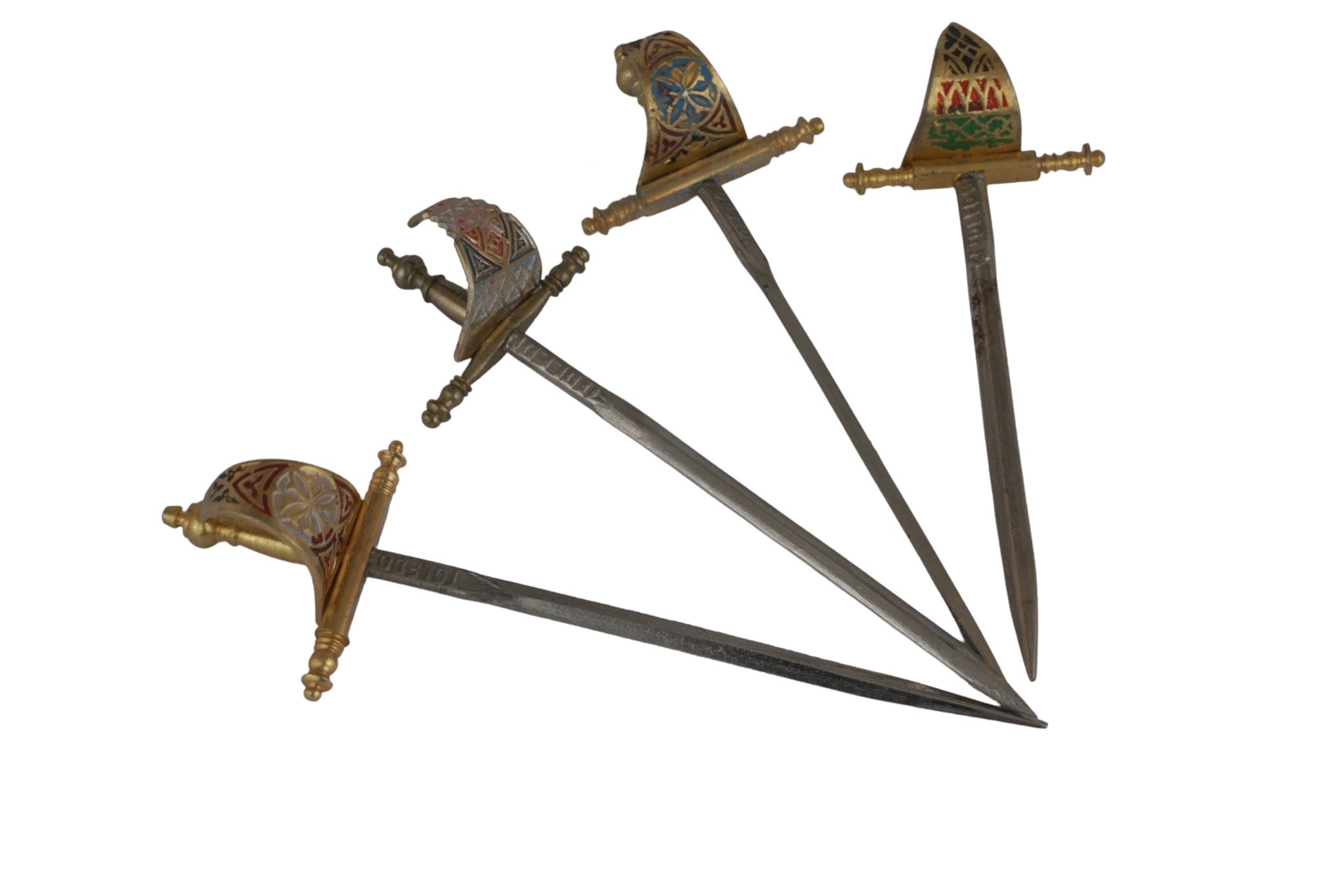 Vintage Brass Sword Cocktail Picks, Toledo Appetizer Sticks and Stand