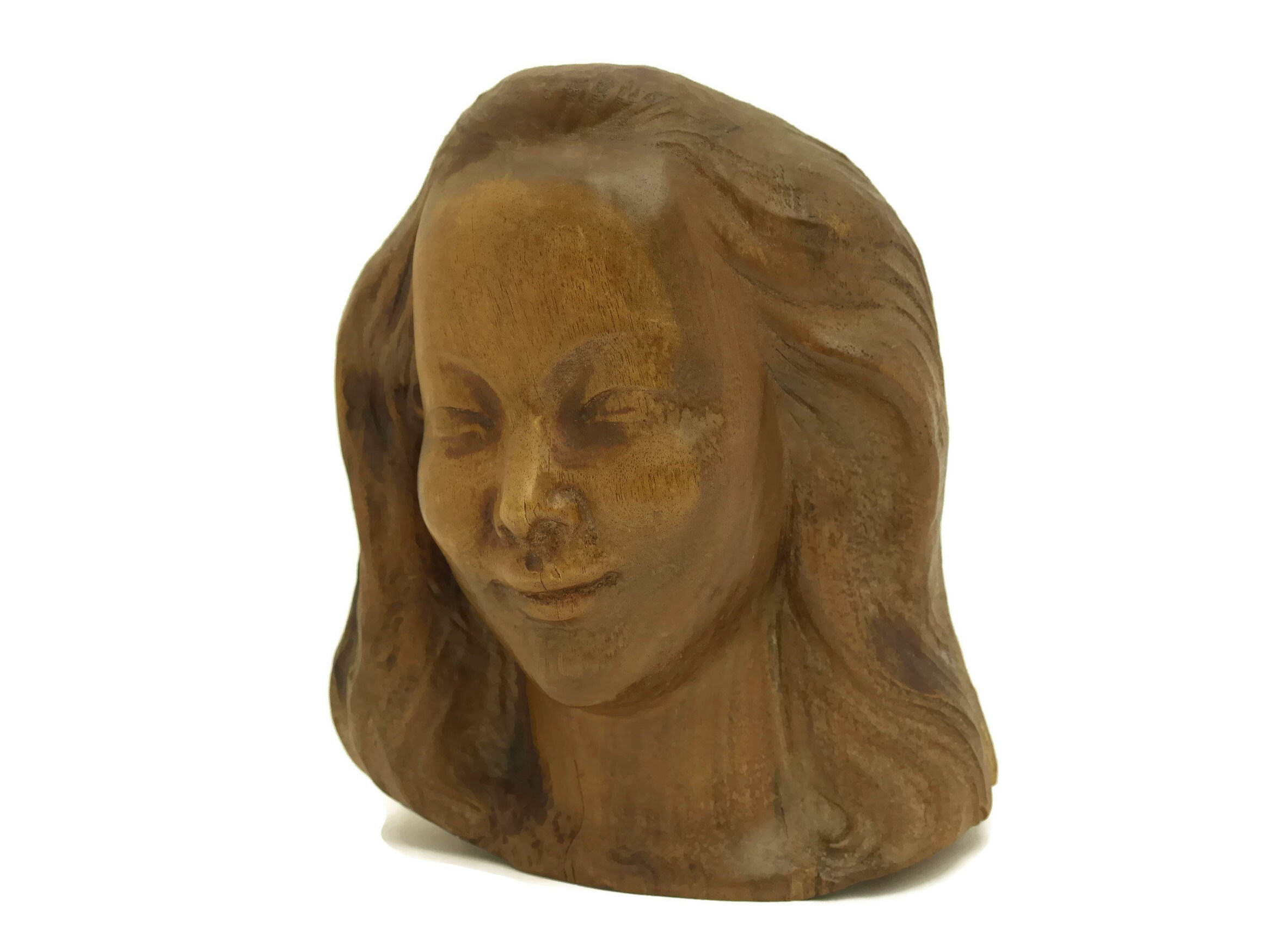 Reserved Art Deco Woman Head Bust Sculpture. Carved Walnut Wood Lady Face Statue. French Antique