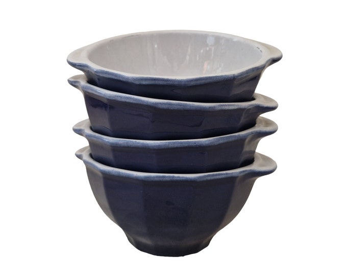 French Blue Latte Coffee Bowl by Emile Henry, Set of 4, Vintage Ceramic Cafe au Lait Dishes