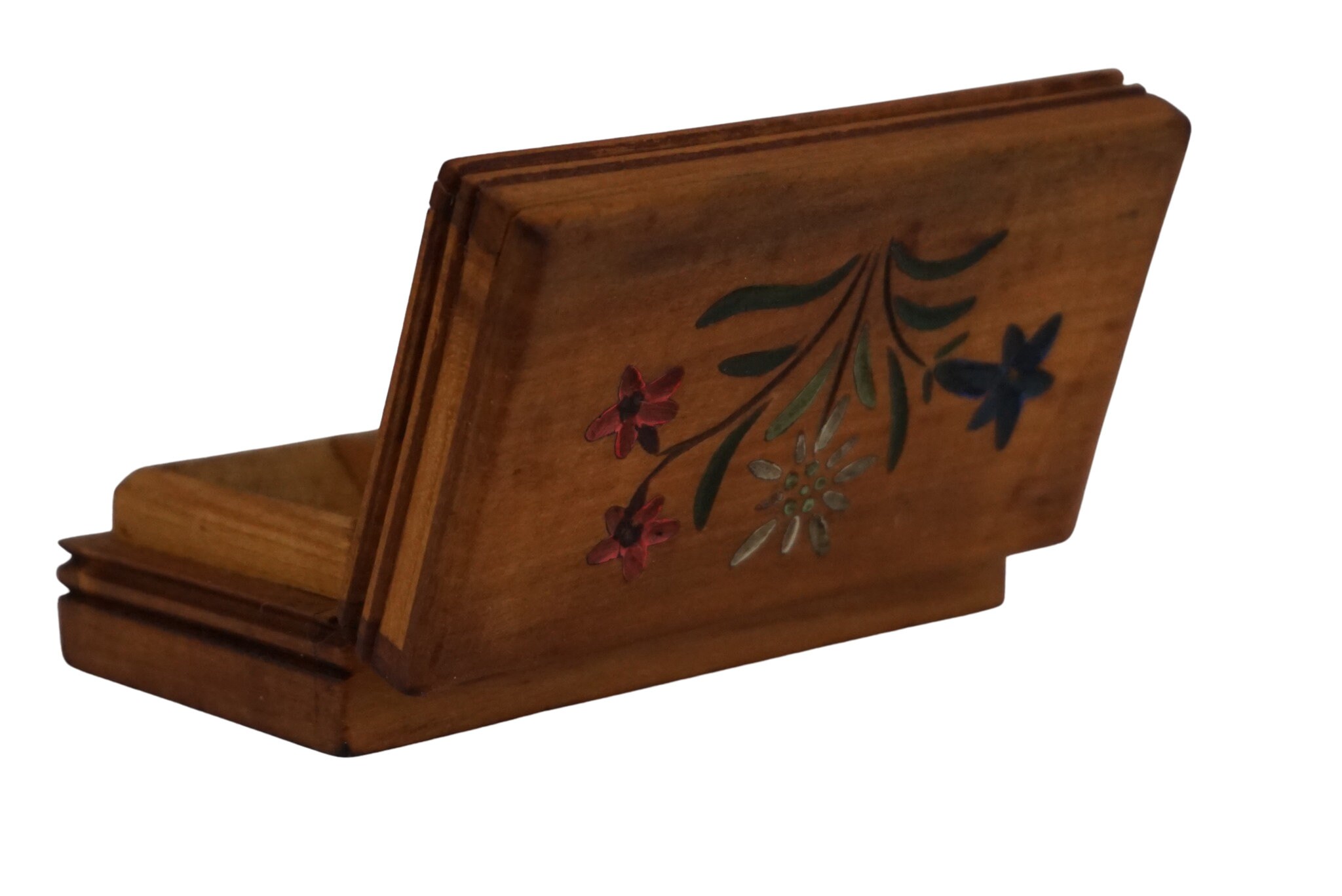 French Hand Painted Stamp Box with Flowers, Antique Carved Wooden Box