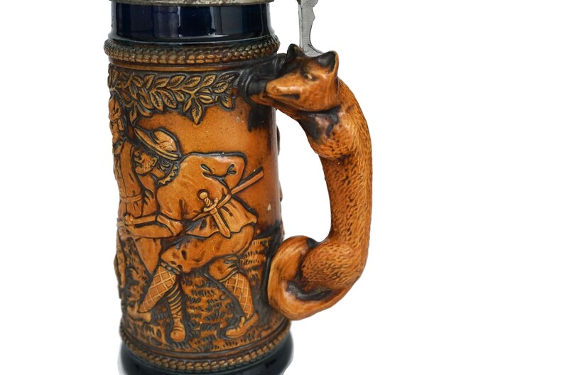 German Beer Stein With Fox Handle and Lid Ceramic Hunting Etsy
