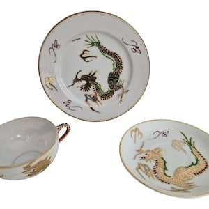 1950s Japanese Moriage Porcelain Trio with Teacup, Saucer and Cake Plate
