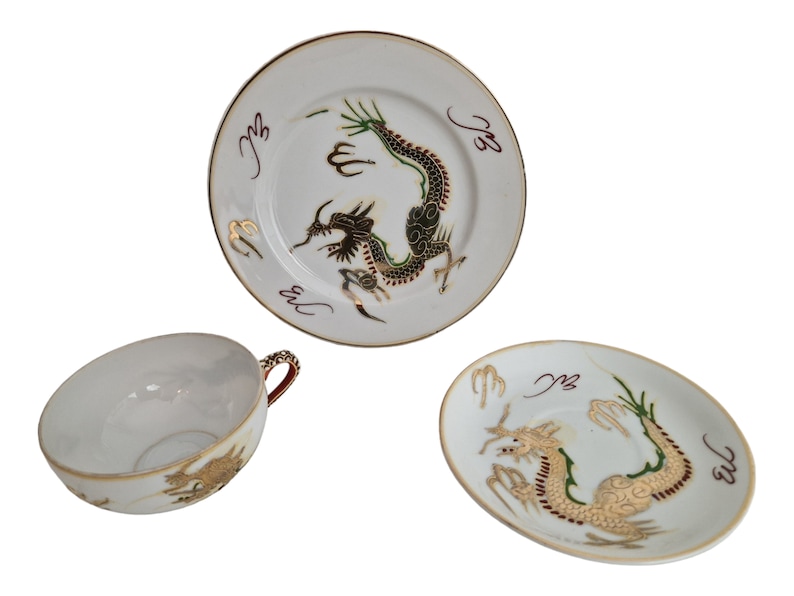 1950s Japanese Moriage Porcelain Trio with Teacup, Saucer and Cake Plate