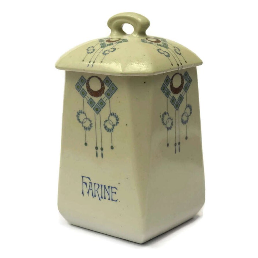 Art Nouveau Ceramic Flour Canister. Antique French Kitchen Storage.