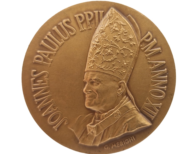 Pope John Paul II Portrait Bronze Medal, Commemoration of 12th Year Anniversary Pontificat, Collectible Catholic Gift