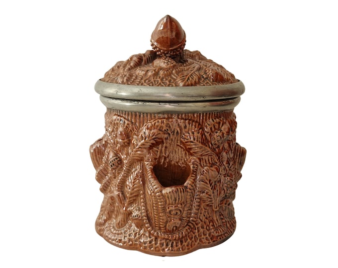 Beauvais Salt Glazed Humidor Tobacco Jar with Acorns and Oak Leaves, Gift For Pipe Smoker