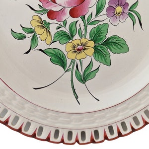 Hand Painted French Faience Plate with Roses and Lattice Cutwork Border, Country Kitchen Wall Hanging Decor image 5