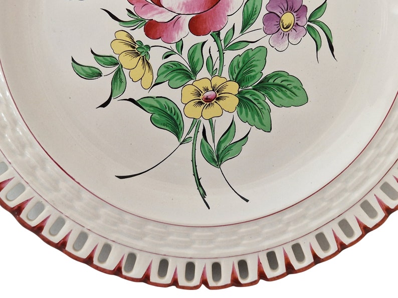 Hand Painted French Faience Plate with Roses and Lattice Cutwork Border, Country Kitchen Wall Hanging Decor image 5