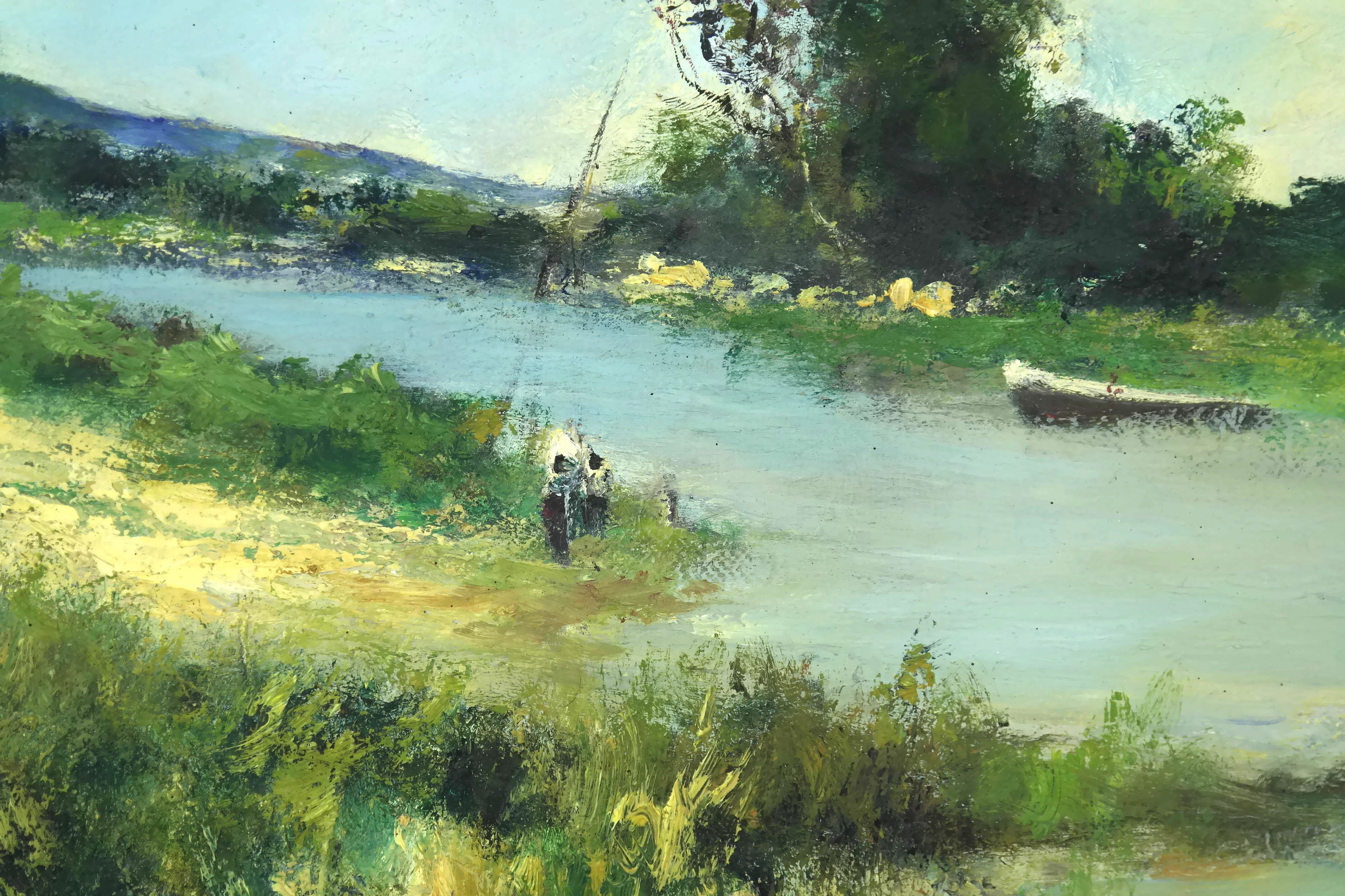 French Country Landscape Oil Painting with River and Fishermen. Vintage