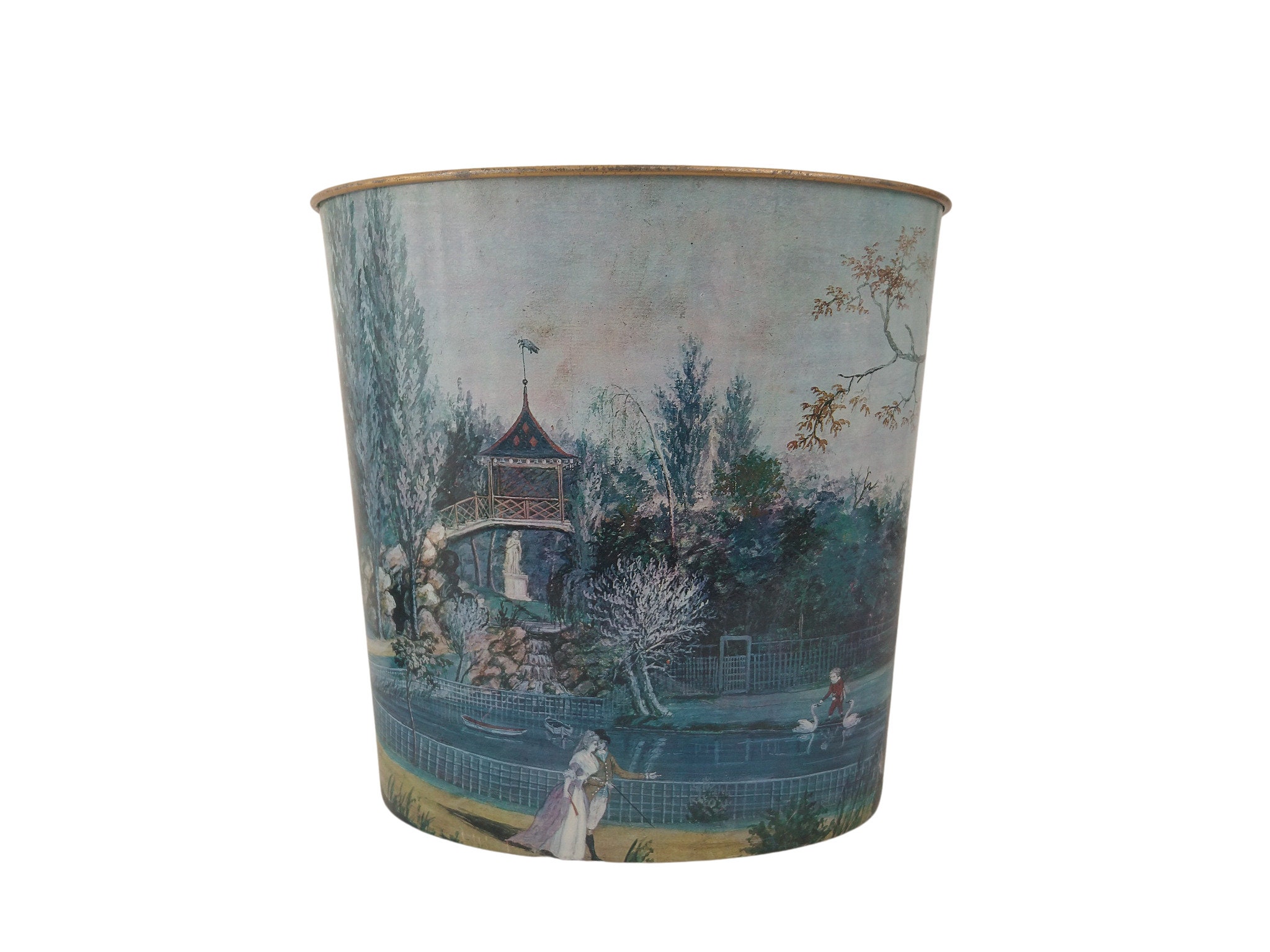 Vintage French Tole Waste Basket with Romantic Courtship Landscape by