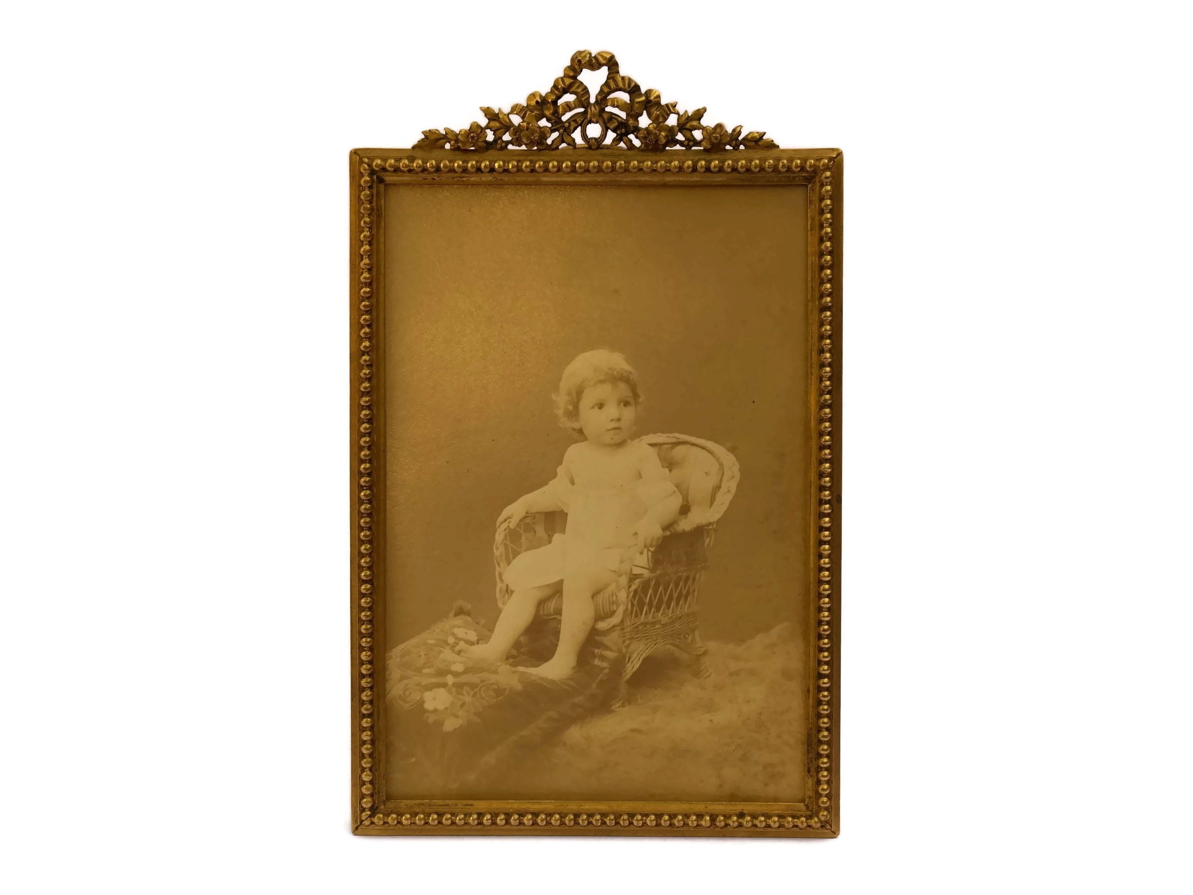 Antique French Ormolu Photo Frame. French Brass Ribbon Picture Frame.