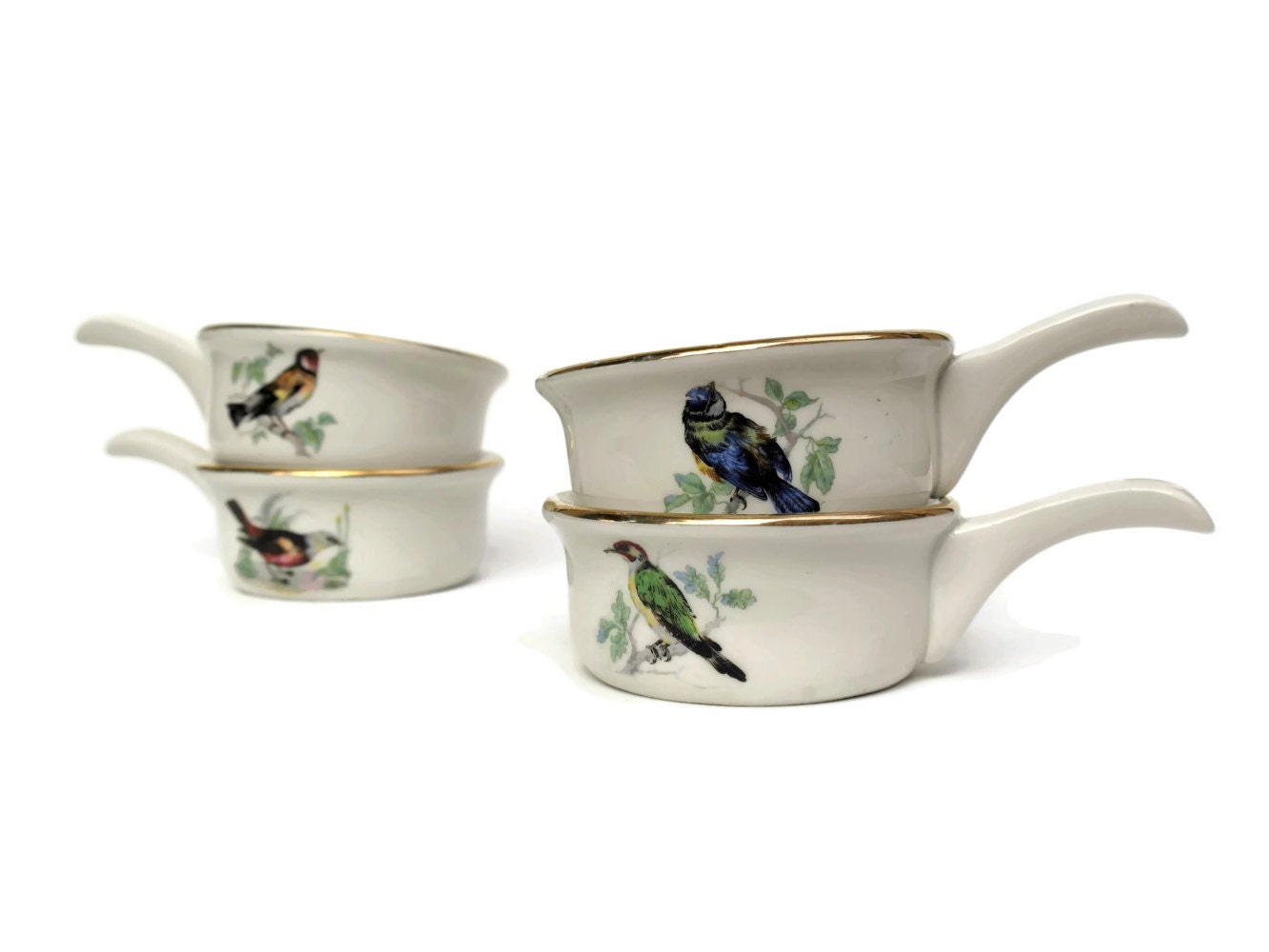 French Vintage Pillivuyt Porcelain Ramekins. Bird Soufflé Dishes.