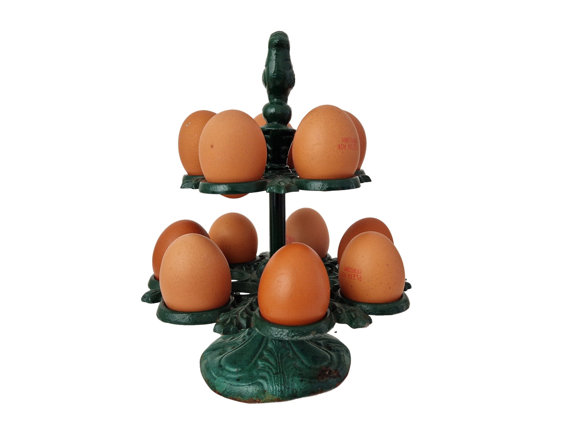 Vintage Cast Iron French Hen Egg Holder Rack, Rustic Kitchen Storage