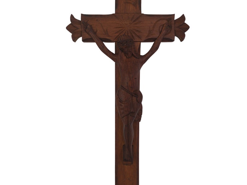 Large Primitive Hand Carved Wood Crucifix