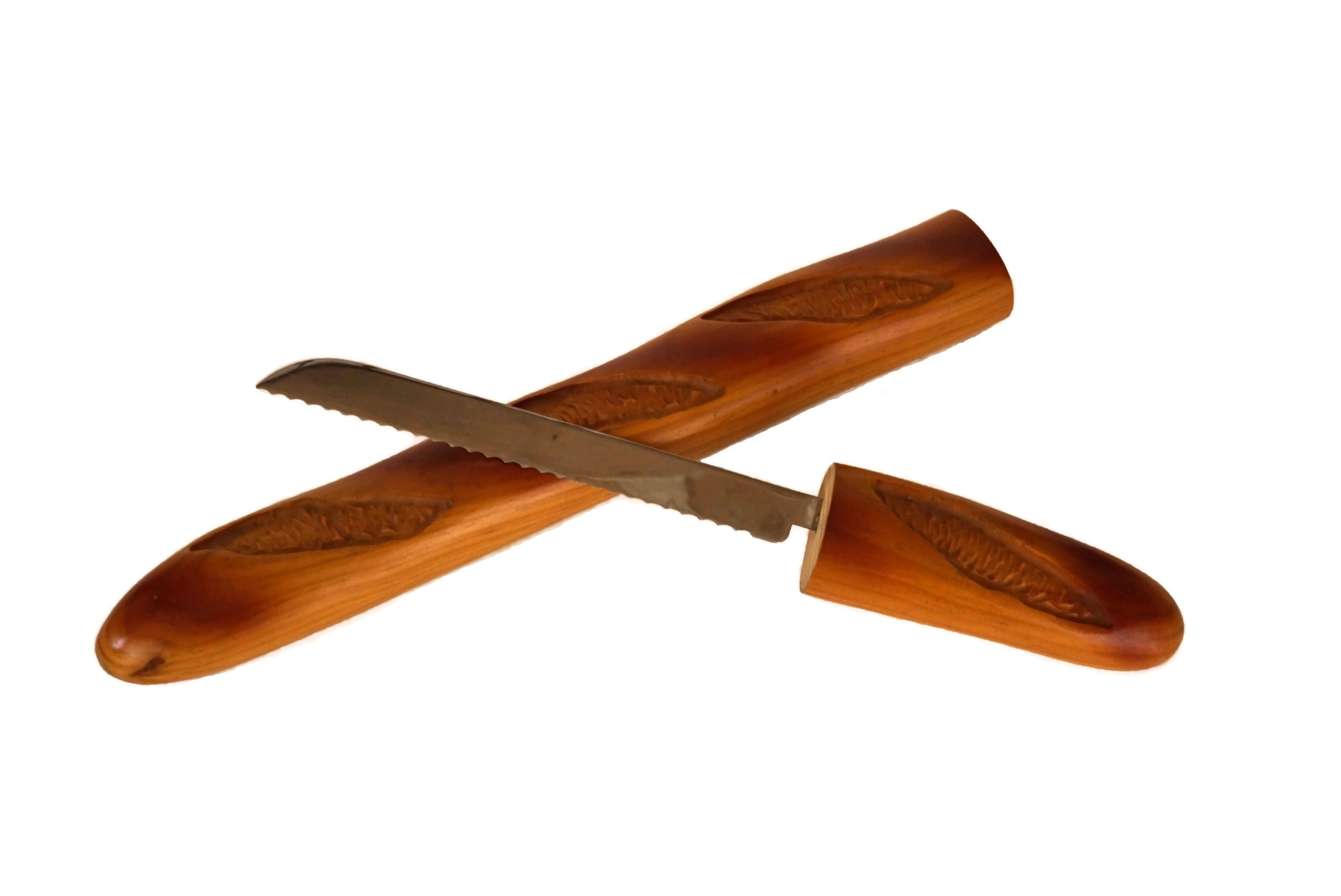 Vintage Wooden French Bread Knife, Serrated Baguette Slicer and Cutter
