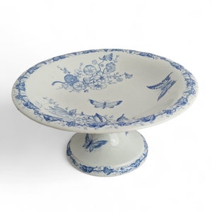 Blue Transferware Cake Stand by Fénal Frères Pexonne, Butterflies Pattern, Antique French Ceramic Pedestal Compote Dish