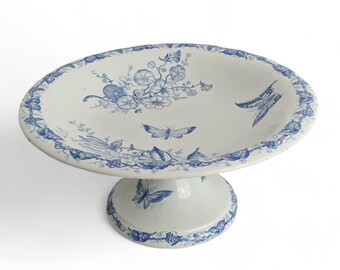 Blue Transferware Cake Stand by Fénal Frères Pexonne, Butterflies Pattern, Antique French Ceramic Pedestal Compote Dish